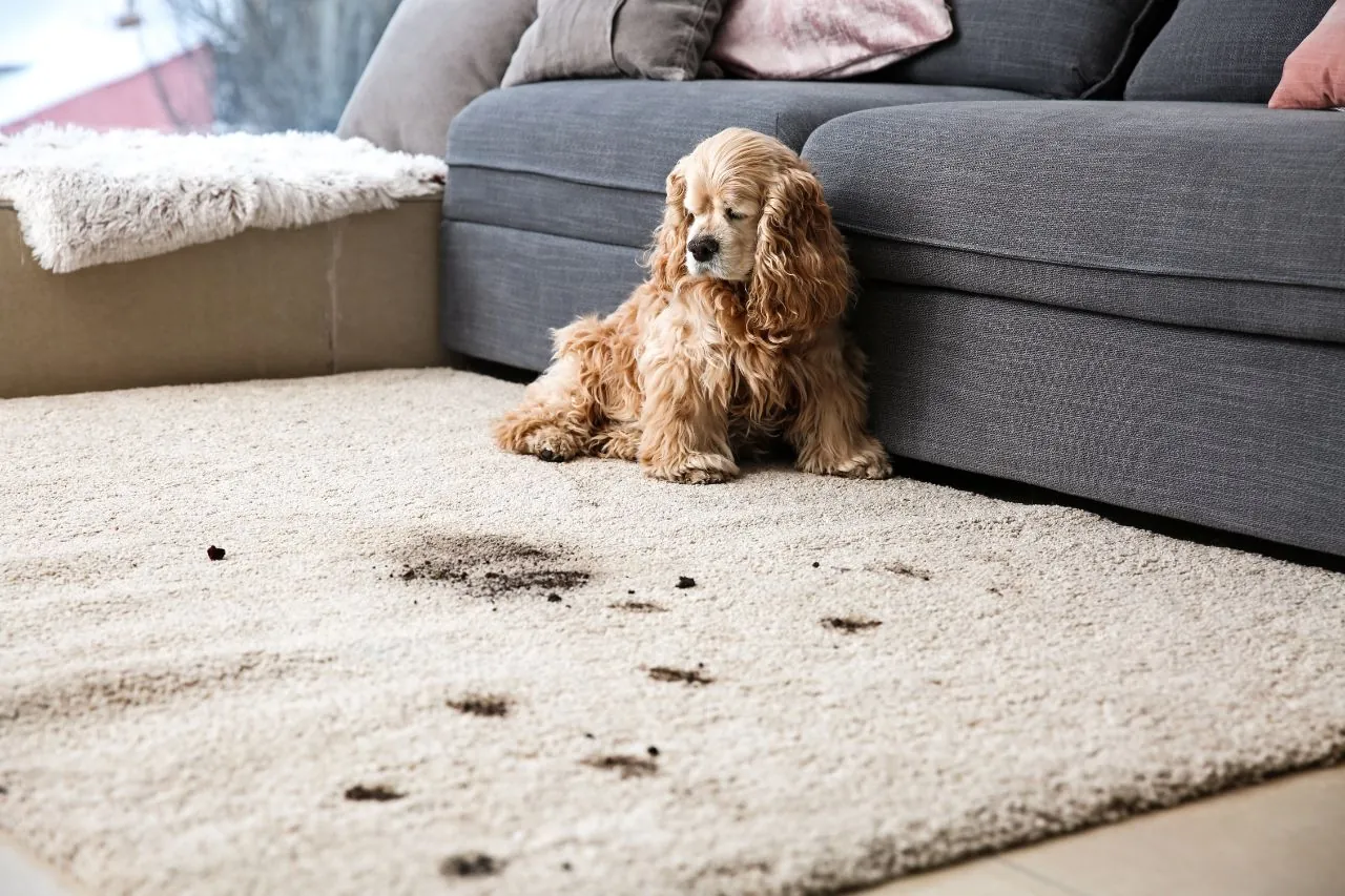 Carpet with muddy pet stains before cleaning